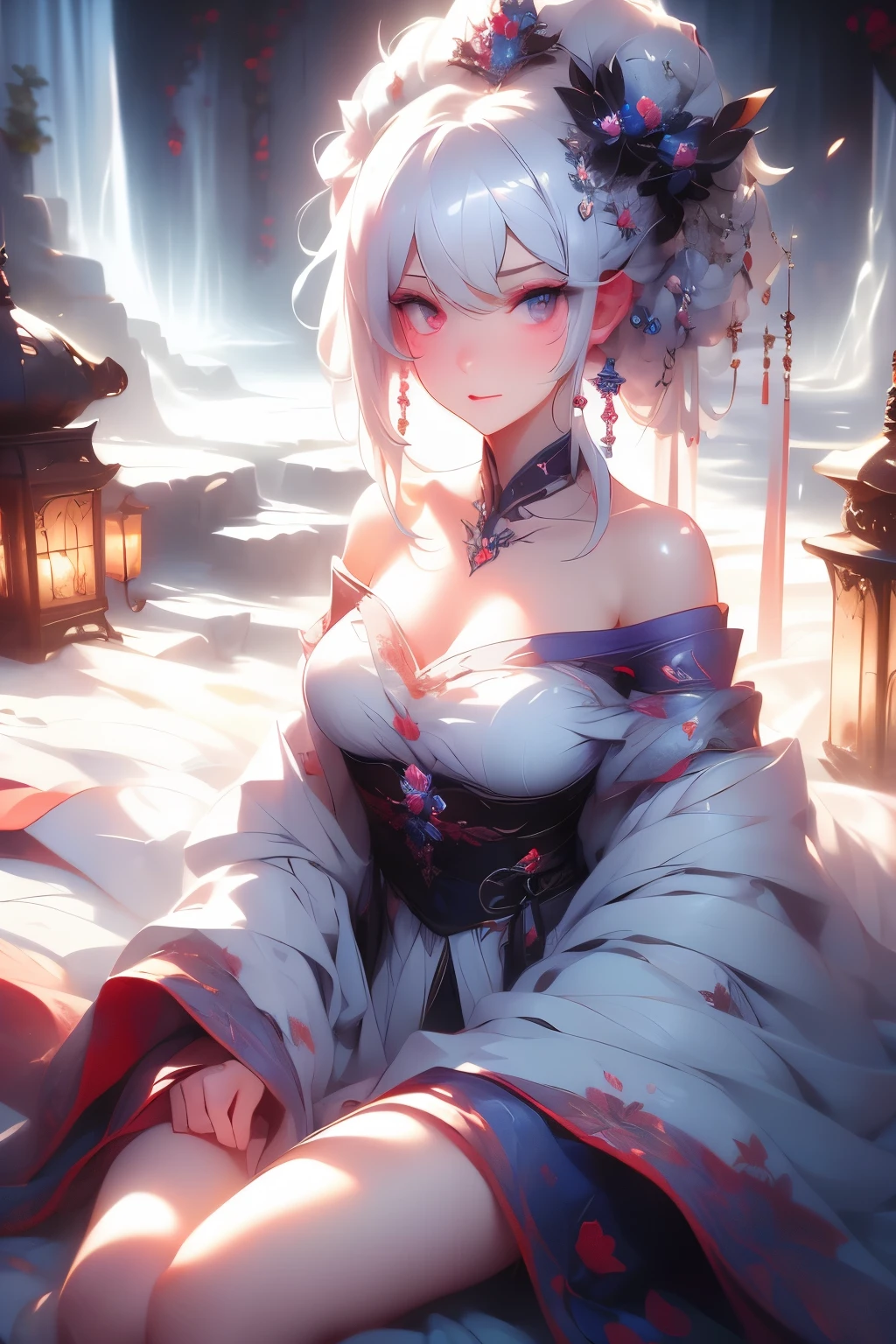  (masterpiece, highest quality:1.2), 1 girl, alone, ((Off-the-shoulder clothing)), ((night)), ((White Hair))lanthanum, Candlelight, Deep in Wonderland，The moonlight pours down like water，fog，The heroine&#39;s figure is vaguely visible，Big Breasts,Cute face，Slightly upturned corners of the mouth，Like a fairy,Clothes Fluttering，Her hair is casually tied back，A few strands of hair are swaying gently in the wind，((Royal Costume、Thick fabric,Royal family in hanbok)):1.5

