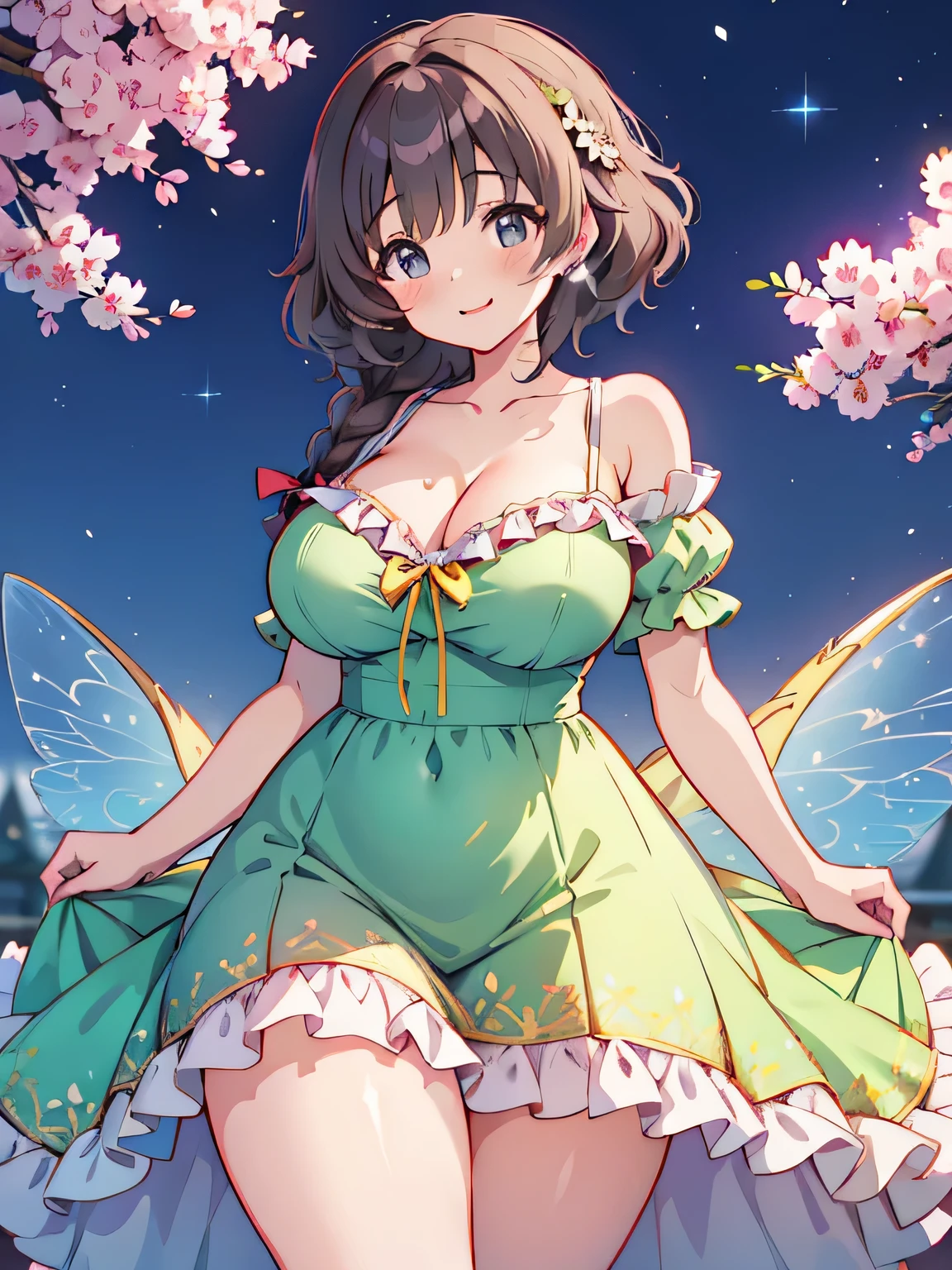 Anime illustration、highest quality、fairy tale、The voluptuous princess、Perfect proportions、Braid、snow white、smile、Big Breasts、Thick thighs、Summer Dresses、Cowboy Shot