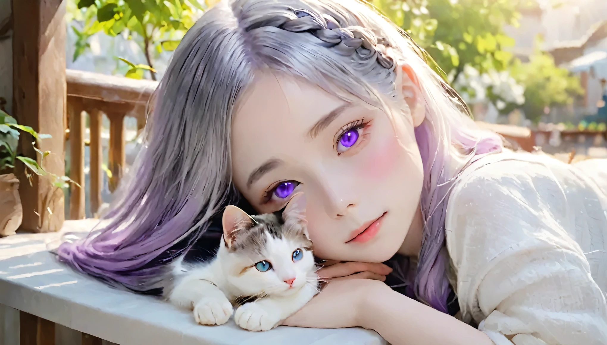 Tabletop, highest quality, Perfect Anatomy、Very delicate and beautiful girl,Very delicate and beautiful, (((Silky white hair、Gradation、Purple hair at the tips、French Braid)))、break、(((灰色のpupil:1.2、Grey Eyes、Grey eyeball)))、Very detailed_face_pupil, Very detailed,There is a calico cat、Odd-eyed🐱、Commemorative photo with cats、 highest quality, High resolution, Very detailed,1 girl, highest quality, shape, Looking at the audience, Authenticistic, Realist ,A peaceful veranda、Summer evening、The afternoon sun is dazzling、Basking in the sun、Warm atmosphere、Sleeping cat