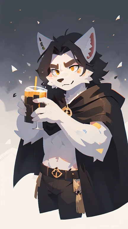 Lobo blanco con huellas negras, nariz negra, corona, black cape with white edges and white letters in Japanese saying death (furry fandom art style)