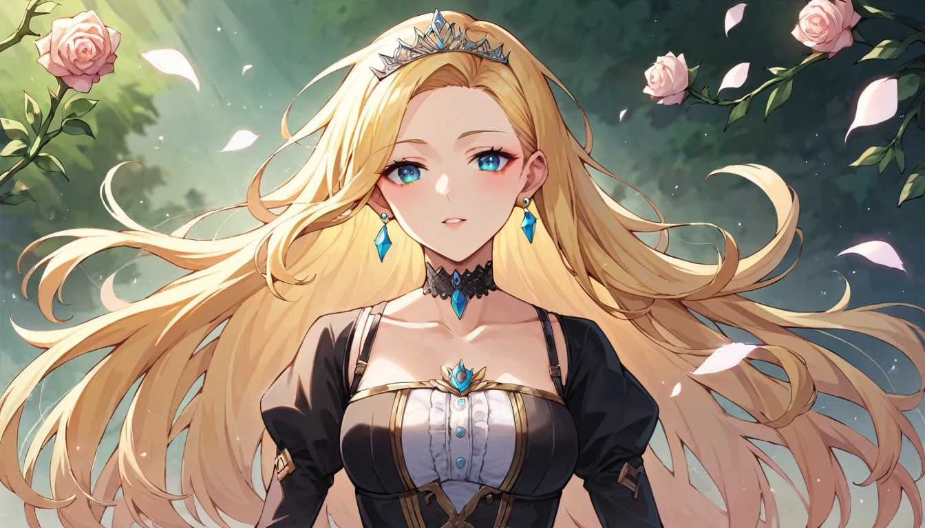 sexy-style, floral background, romance manhwa, 1girl, blonde hair, solo, long hair, flower, dress, tiara, white dress, gloves, long sleeves, choker, green eyes, mascara, makeup, white gloves, black bow, black flower, wavy hair, bow, jewelry, looking at viewer, white background, collarbone, puffy sleeves, silver accessories, upper body, parted bangs, very long hair, blue dress, frills, bangs, closed mouth, detailed eyes, gleaming skin, shiny glossy skin