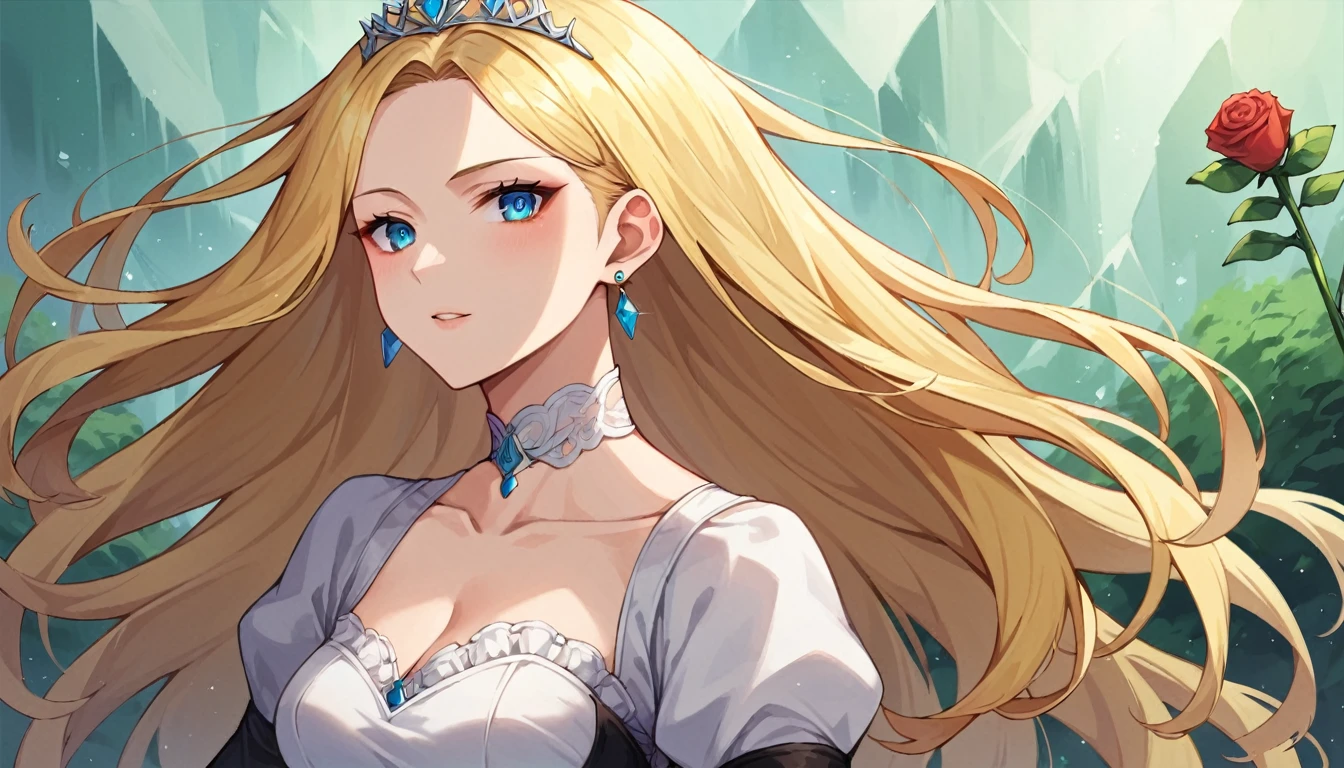 score_9, score_8_up, score_7_up, uncensored, source_anime, 1girl, solo, BREAK 1girl, blonde hair, solo, long hair, (earrings), flower, rose, crystalline, dress, tiara, white dress, gloves, long sleeves, choker, mascara, makeup, elbow gloves, bow, floating hair, bra, jewelry, looking at viewer, collarbone, puffy sleeves, golden accessories, upper body, parted bangs, very long hair, black dress, frills, bangs, outdoors, detailed eyes, dynamic cut,
