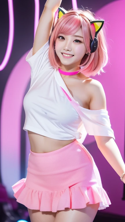 Squat,Wide stance,Looking up from below,Spread your legs,Open your thighs,Look forward,Pink Hair,Cat ear、White T-shirt、Exposing shoulders、Exposing the belly button、barefoot、Hold the microphone with both hands、Put the microphone on your chin、singing