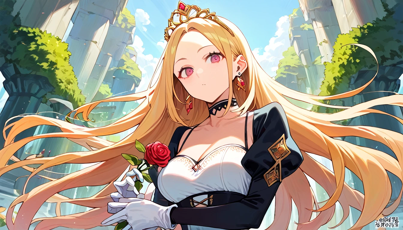 score_9, score_8_up, score_7_up, uncensored, source_anime, 1girl, solo, BREAK 1girl, blonde hair, solo, long hair, (earrings), flower, rose, crystalline, dress, tiara, white dress, gloves, long sleeves, choker, mascara, makeup, elbow gloves, bow, floating hair, bra, jewelry, looking at viewer, collarbone, puffy sleeves, golden accessories, upper body, parted bangs, very long hair, black dress, frills, bangs, outdoors, detailed eyes, dynamic cut,