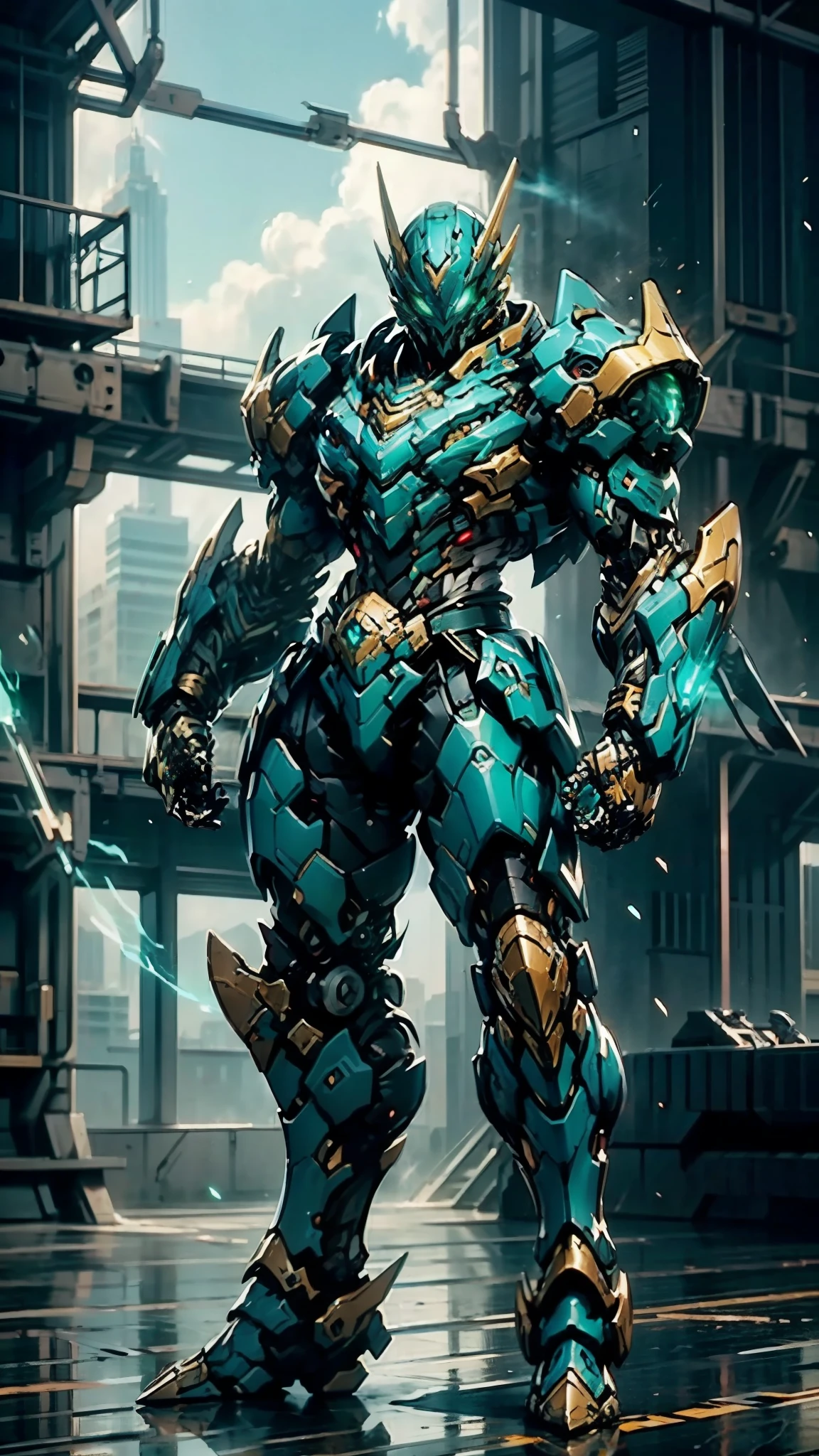 A man wearing a full-face helmet, a fantasy-style biotech armored combat suit, green eyes, (a composite layered chest armor), fully enclosed shoulder guards, matching arm and leg guards, the belt is adorned with Falcon Wing, (the color scheme is primarily white with red and blue accents), the design balances heavy with agility, a high-tech bio-mecha armor, (Armor Concept Inspired by Falcon, stand on the top of a skyscraper in a futuristic sci-fi city), this character embodies a finely crafted fantasy-surreal style armored hero in anime style, exquisite and mature manga art style, (element, plasma, energy, the armor glows), ((male:1.5)), metallic, real texture material, dramatic, high definition, best quality, highres, ultra-detailed, ultra-fine painting, extremely delicate, professional, perfect body proportions, golden ratio, anatomically correct, symmetrical face, extremely detailed eyes and face, high quality eyes, creativity, RAW photo, UHD, 32k, Natural light, cinematic lighting, masterpiece-anatomy-perfect, masterpiece:1.5