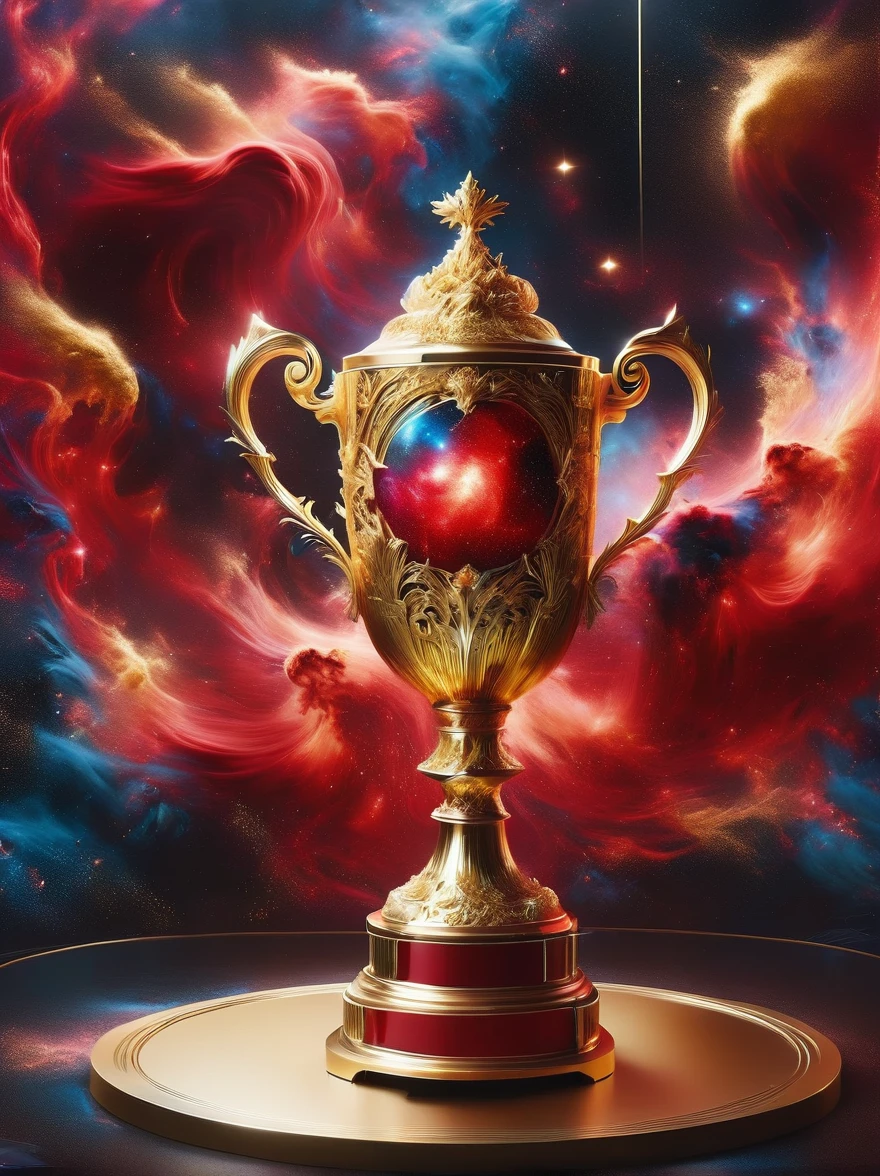 ragingnebula，Spice Red Velvet Galaxy，(Gold Trophy:1.5)，high quality动态镜头，gorgeous，beauty，Full of nebula dust，神奇的Gold Trophy坐在装饰空间星系展示柜上，Filming，high quality