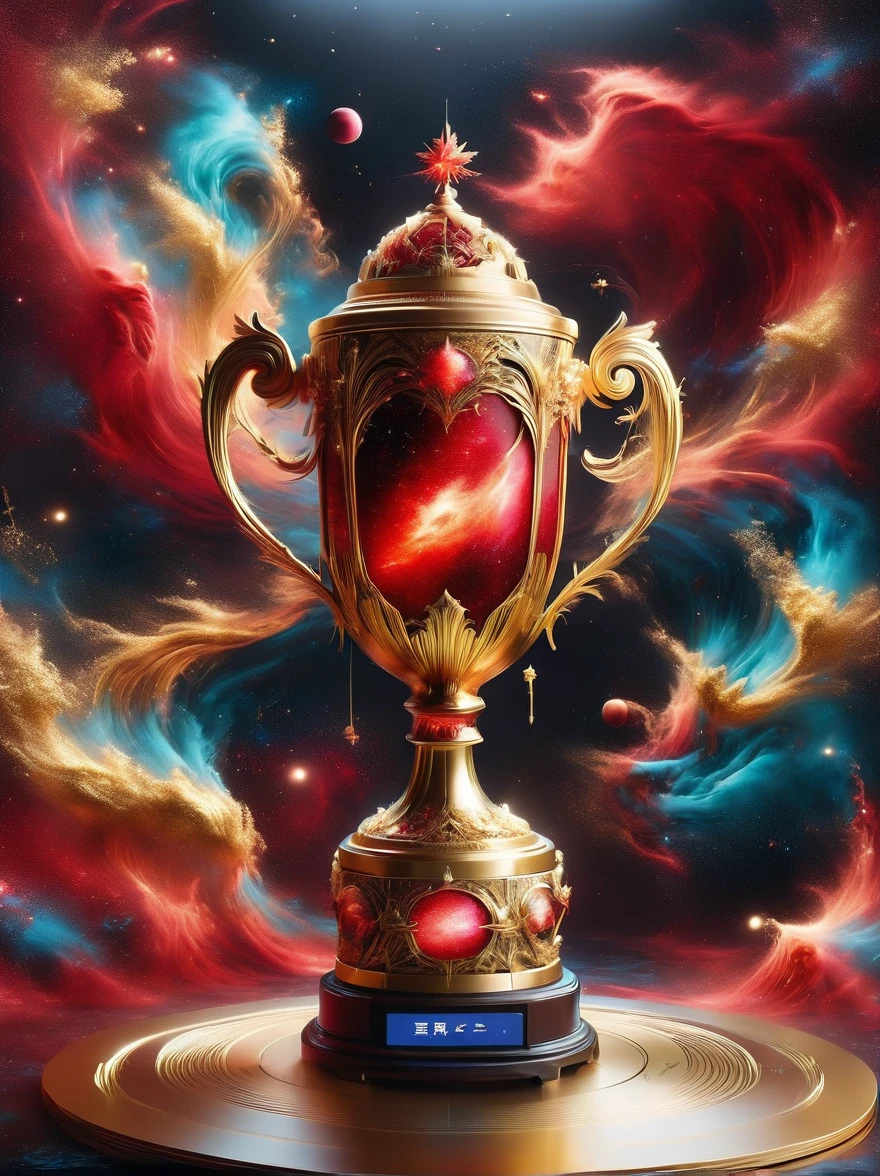 ragingnebula，Spice Red Velvet Galaxy，(Gold Trophy:1.5)，high quality动态镜头，gorgeous，beauty，Full of nebula dust，神奇的Gold Trophy坐在装饰空间星系展示柜上，Filming，high quality