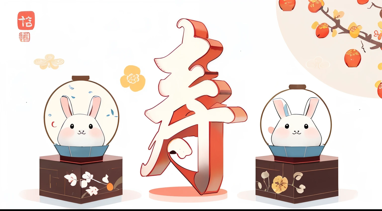 (A rabbit:1.4), sit on the floor, look up, ((Mid-Autumn Festival atmosphere,Osmanthus fragrans,Kongming Lantern,Donut Cake)),(Chinese character:1.3),Traditional Chinese illustration style, The art of math, Simple background, Masterpiece on white background, best quality, Super detailed, high quality, 4K