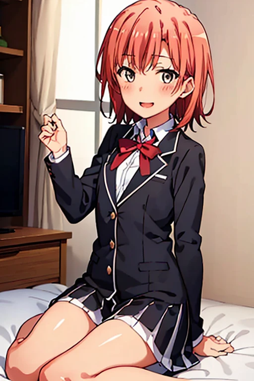 ((highest quality)), ((masterpiece)), (be familiar with), Perfect Face, indoor, Bedroom, Watching the audience,
One woman, Yuigahama Yui,
Open Mouth, Ecstatic expression, blush, smile,
Small breasts, Flat Chest, Young Girl, , , Girl,
Short Hair, Salmon-colored hair, Salmon-colored eyes, Side Pony,
Leg spread,