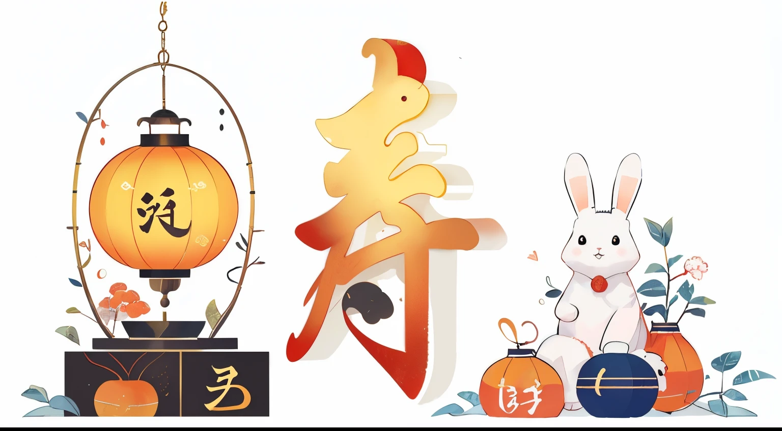 (A rabbit:1.4), sit on the floor, look up, ((Mid-Autumn Festival atmosphere,Osmanthus fragrans,Kongming Lantern,Donut Cake)),(Chinese character:1.3),Traditional Chinese illustration style, The art of math, Simple background, Masterpiece on white background, best quality, Super detailed, high quality, 4K