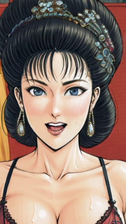 (best quality), (very aesthetic), (ultra-detailed), (best illustration),NSFW,a mature female,Perfect Face,Suikoden,Mrs. Lin,(full_body),big breast,red cheek,Sweating,skinny, chinese traditional lingerie,chinese traditional style bed,Mouth wide open, gasping with pleasure