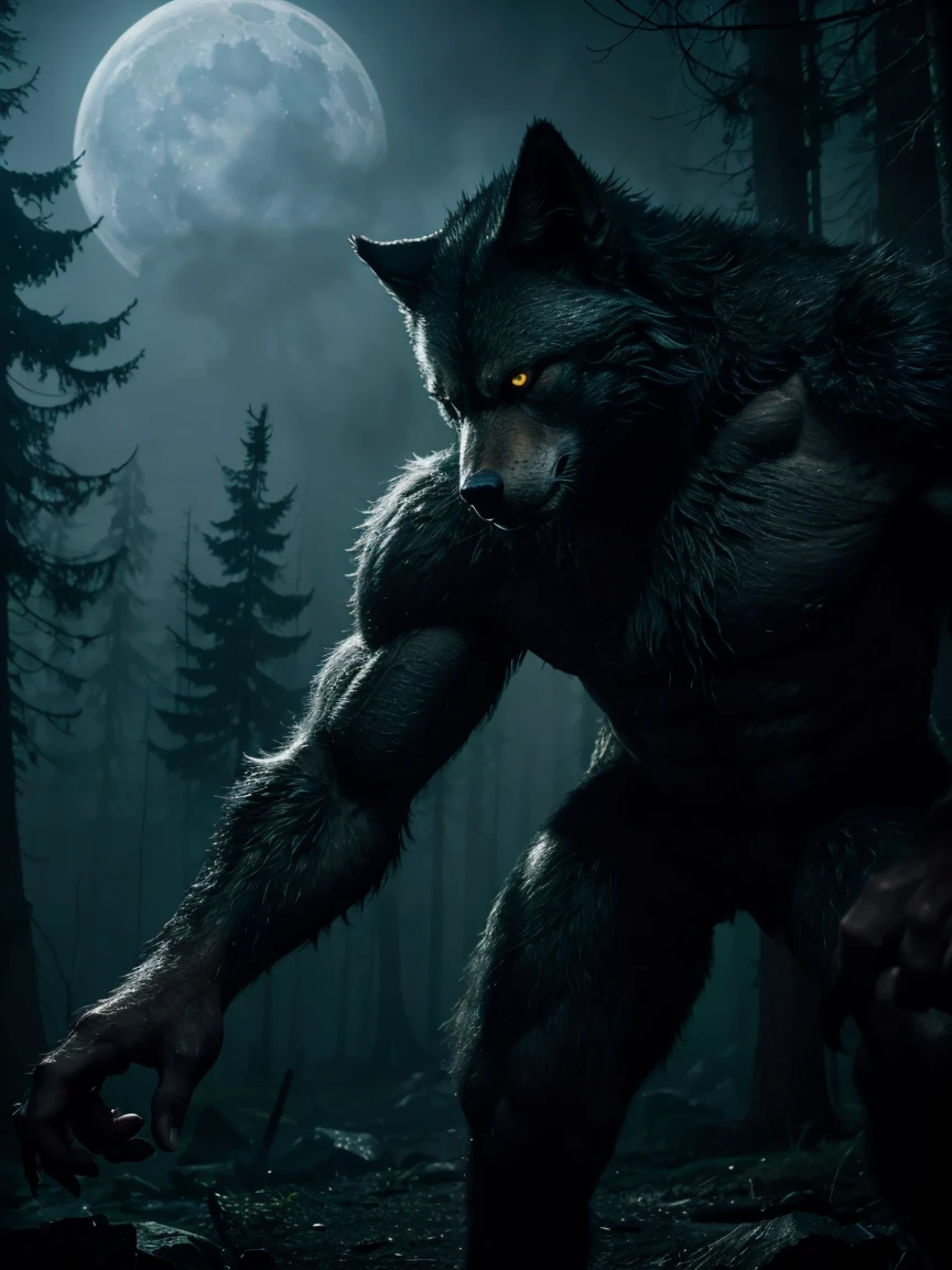 "(best quality,4k,ultra-detailed,realistic,HDR:1.2),portrait of a fierce wolfman,werewolf hybrid mechanical body, intricate details, in the mist of a dark forest, haunting atmosphere, piercing glowing eyes, sharp fangs, fur texture, intense expression, mysterious shadows, moonlit background, ominous ambiance, surreal elements, cinematic lighting, ethereal aura, steam rising from the body, intimidating presence, dynamic pose, powerful physique, mechanical parts seamlessly integrated, atmospheric perspective, misty trees, dense foliage, towering trees, hidden secrets, mesmerizing color palette, eerie atmosphere"