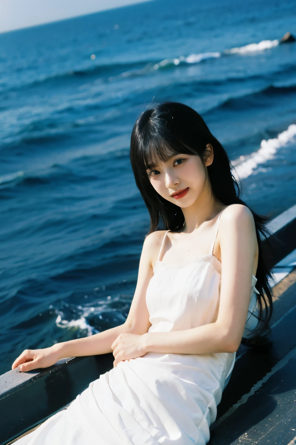masterpiece、highest quality、cinema、(cute japanese woman、bangs:1.3)、23 years old、1 girl、elegant、black hair、Ocean、(horizontal angle、white dress:1.5)