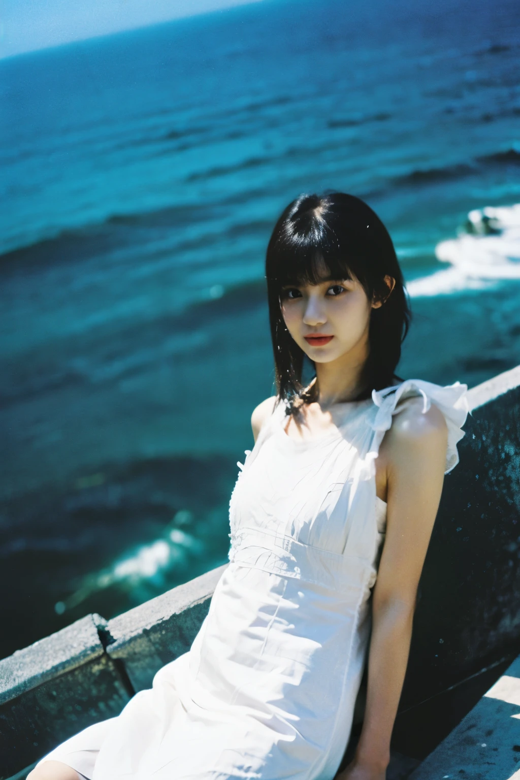 masterpiece、highest quality、cinema、(cute japanese woman、bangs:1.3)、23 years old、1 girl、elegant、black hair、Ocean、(horizontal angle、white dress:1.5)