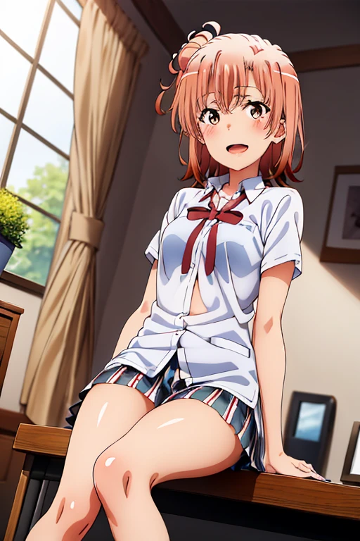 ((highest quality)), ((masterpiece)), (be familiar with), Perfect Face, indoor, Bedroom, Watching the audience,
One woman, Yuigahama Yui,
Open Mouth, Ecstatic expression, blush, smile,
Small breasts, Flat Chest, Young Girl, , , Girl,
Short Hair, Salmon-colored hair, Salmon-colored eyes, Side Pony,
Leg spread,