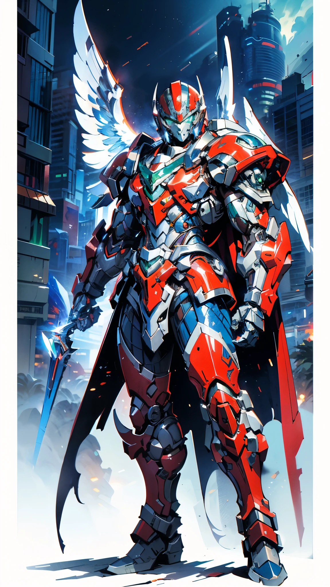 A man wearing a full-face helmet, a fantasy-style biotech armored combat suit, green eyes, (a composite layered chest armor), fully enclosed shoulder guards, matching arm and leg guards, the belt is adorned with Falcon Wing, (the color scheme is primarily white with red and blue accents), the design balances heavy with agility, a high-tech bio-mecha armor, (Armor Concept Inspired by Falcon, stand on the top of a skyscraper in a futuristic sci-fi city), this character embodies a finely crafted fantasy-surreal style armored hero in anime style, exquisite and mature manga art style, (element, plasma, energy, the armor glows), ((male:1.5)), metallic, real texture material, dramatic, high definition, best quality, highres, ultra-detailed, ultra-fine painting, extremely delicate, professional, perfect body proportions, golden ratio, anatomically correct, symmetrical face, extremely detailed eyes and face, high quality eyes, creativity, RAW photo, UHD, 32k, Natural light, cinematic lighting, masterpiece-anatomy-perfect, masterpiece:1.5