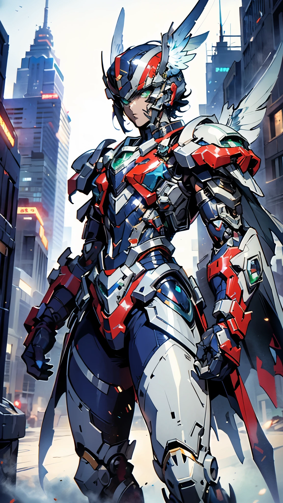 A man wearing a full-face helmet, a fantasy-style biotech armored combat suit, green eyes, (a composite layered chest armor), fully enclosed shoulder guards, matching arm and leg guards, the belt is adorned with Falcon Wing, (the color scheme is primarily white with red and blue accents), the design balances heavy with agility, a high-tech bio-mecha armor, (Armor Concept Inspired by Falcon, stand on the top of a skyscraper in a futuristic sci-fi city), this character embodies a finely crafted fantasy-surreal style armored hero in anime style, exquisite and mature manga art style, (element, plasma, energy, the armor glows), ((male:1.5)), metallic, real texture material, dramatic, high definition, best quality, highres, ultra-detailed, ultra-fine painting, extremely delicate, professional, perfect body proportions, golden ratio, anatomically correct, symmetrical face, extremely detailed eyes and face, high quality eyes, creativity, RAW photo, UHD, 32k, Natural light, cinematic lighting, masterpiece-anatomy-perfect, masterpiece:1.5