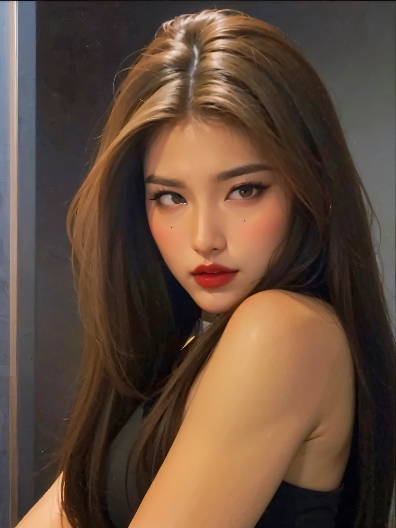 arafed woman with long brown hair and Red lipstick posing for a picture, cindy avelino, sensual expression, beleza de cair o queixo, julia sarda, thick Red lips, Red lips, with very thin lips, sha xi, retrato de darna moderno, sexy Red lips, faint Red lips, 18 anos de idade, beleza de cair o queixo, lindo bem - rosto
