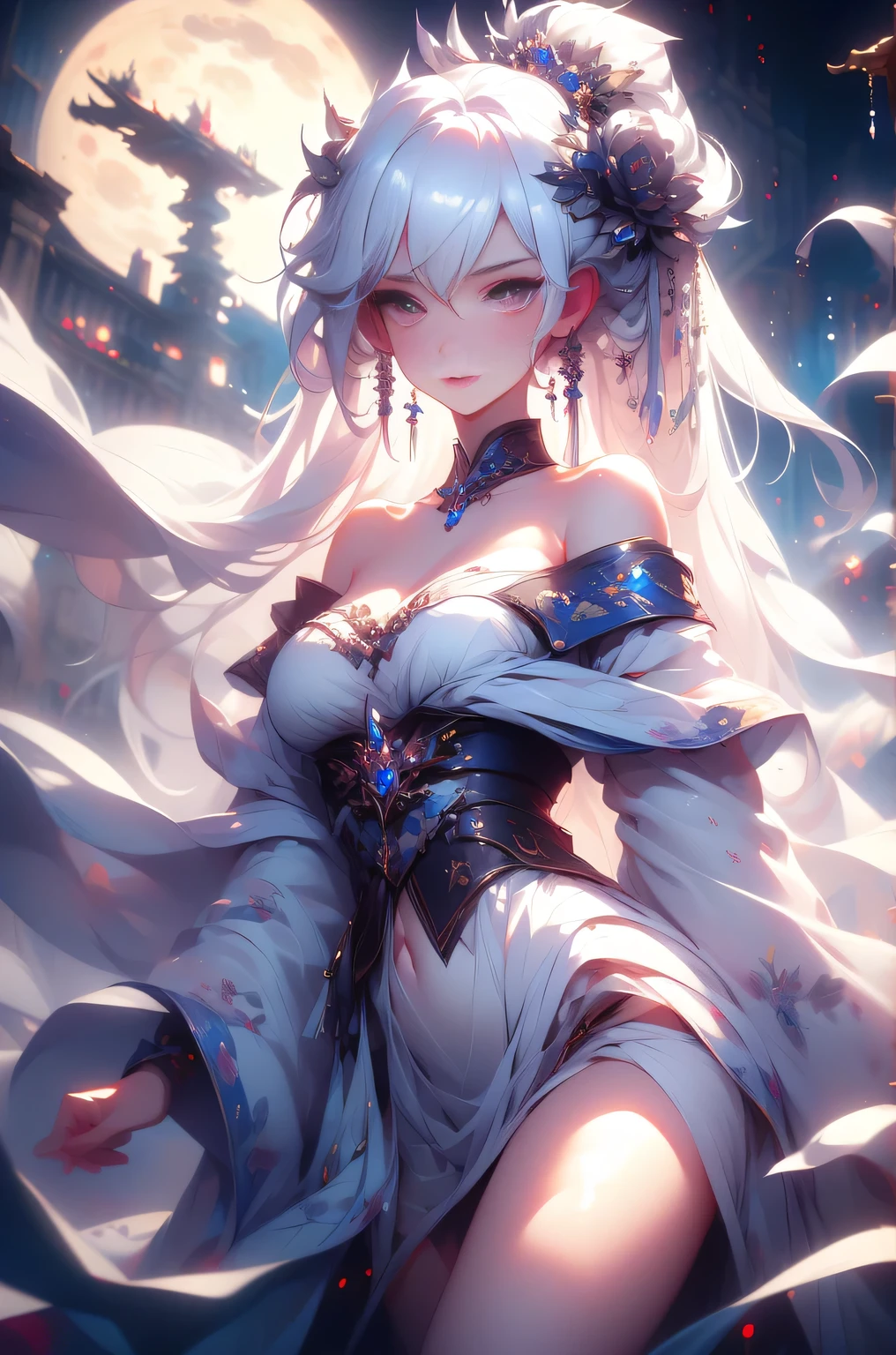 (masterpiece, highest quality:1.2), 1 girl, alone, ((Off-the-shoulder clothing)), ((night)), ((White Hair))lanthanum, Candlelight, Deep in Wonderland,The moonlight pours down like water,fog,The heroine's figure is vaguely visible,Big Breasts,Cute face,Slightly upturned corners of the mouth,Like a fairy,Clothes Fluttering,Her hair is casually tied back,A few strands of hair are swaying gently in the wind,((Royal Costume、Thick fabric,Royal family in hanbok)):1.5