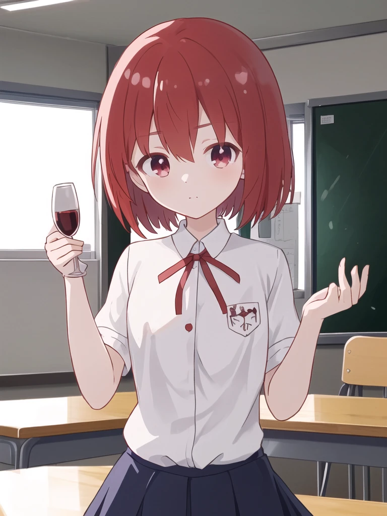 Masterpiece,Wine red hair,Side Tail(right),Short Bob,Young,shirt,Chest ribbon,mini skirt,classroom,piece,whole body