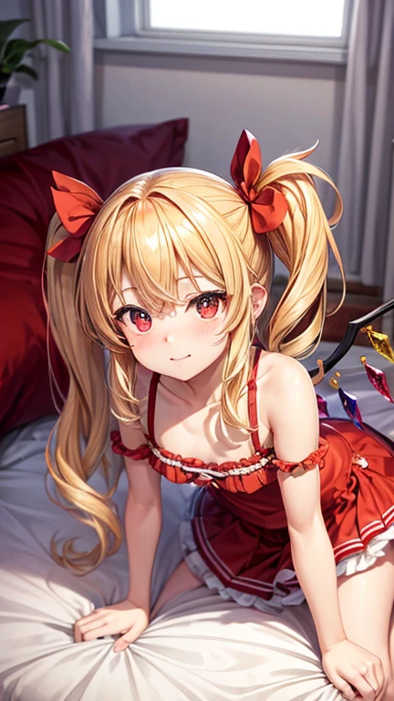 On the bed, highest quality, 1 girl,Flandre Scarlet,Blonde side ponytail、Bedroom Background,I&#39;m wearing a white thug hat、And colorful feathers、topless、ＨCup Chest、blush