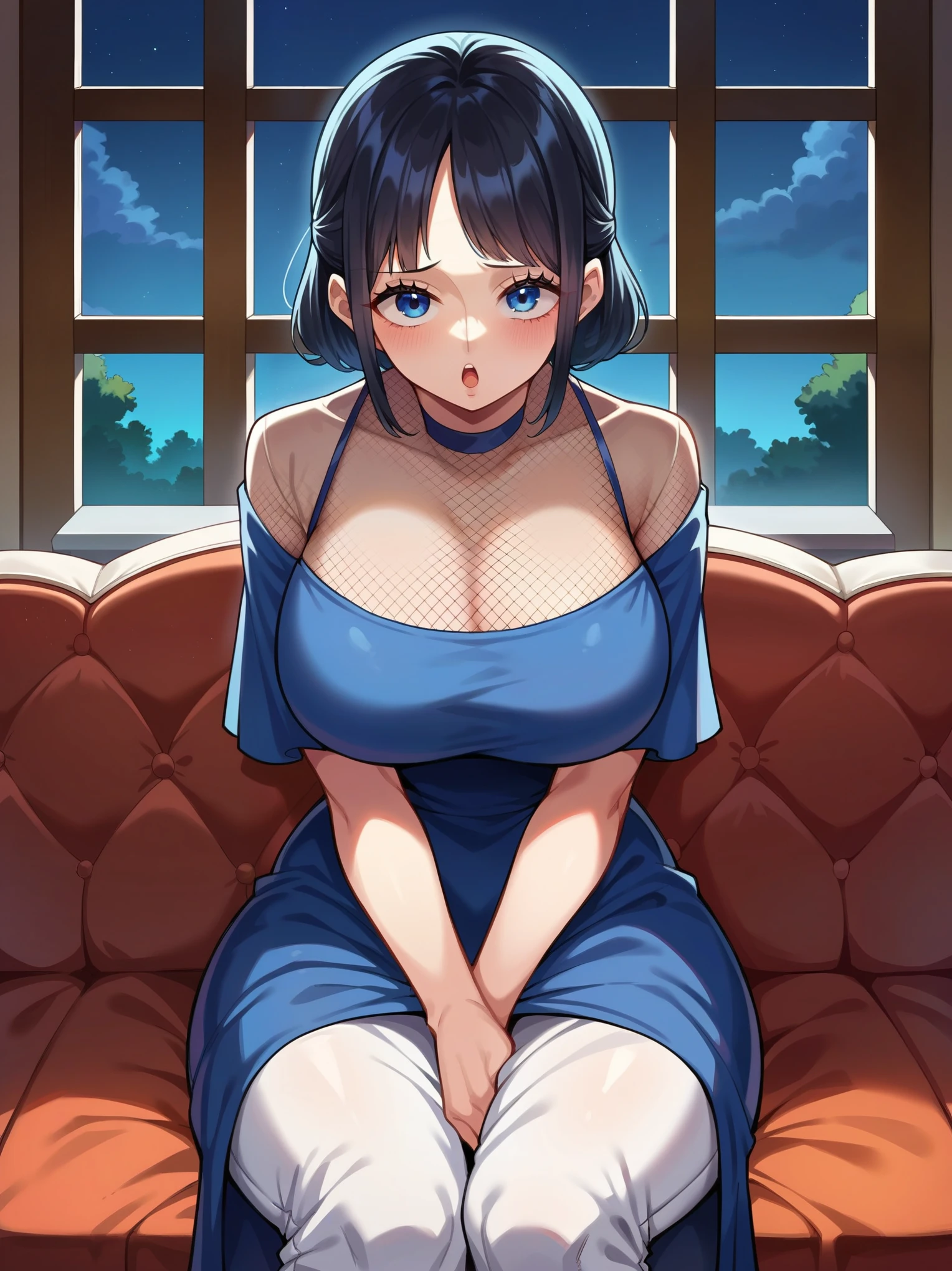 score_9, score_8_up, score_7_up, source_anime, solo, 1girl, blush, shy, looking at viewer, black hair, blue eyes, one piece, indoors, rating:safe, on couch, fancy loveseat, balcony, night, night time, after dark, moonlight, couch, front view, face focus, safe for work, dress, covered, clothes, standing, pants, blue dress, huge breasts, huge thighs, moaning, ecstasy, lewd face, ahegao, spread legs, fishnet clothing, fishnet stocking