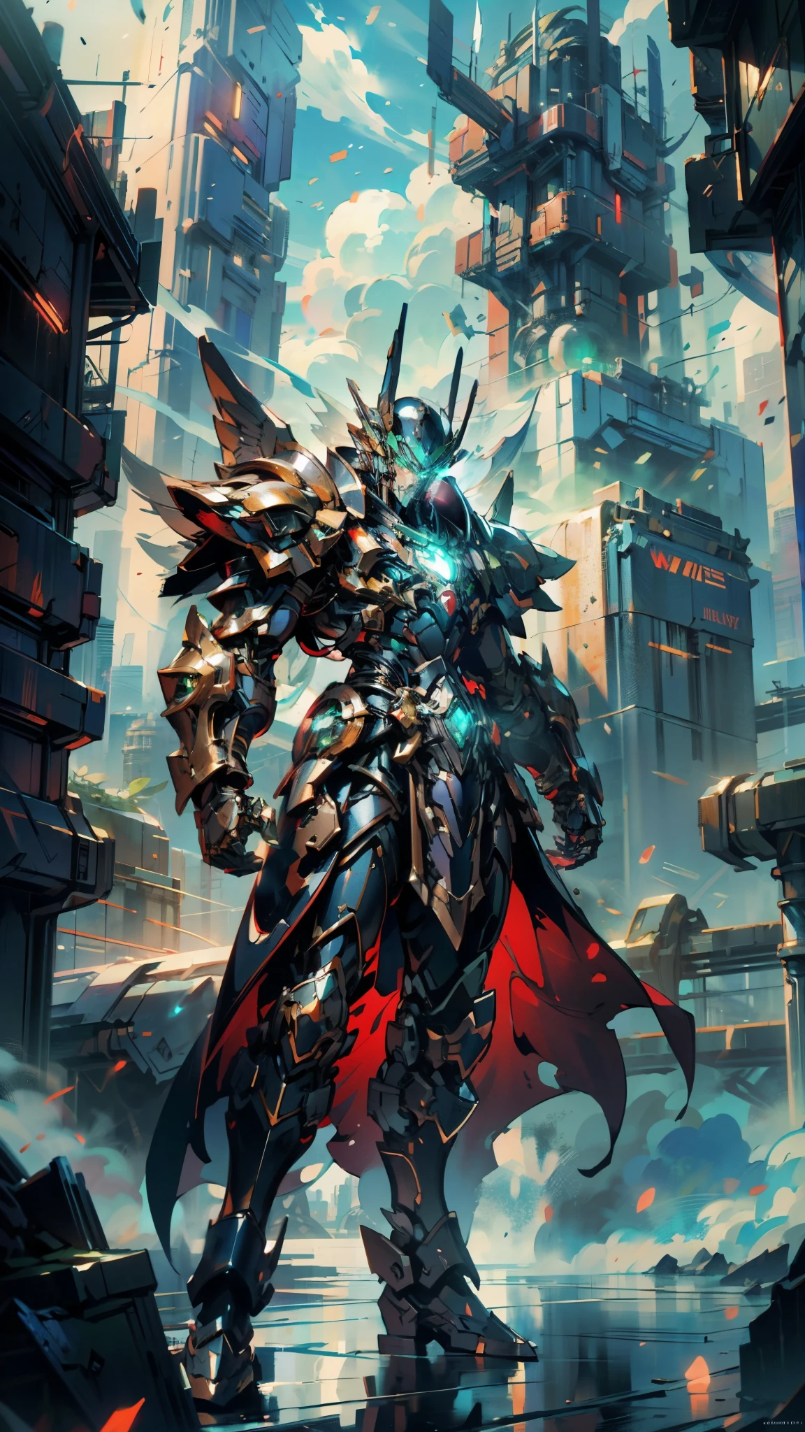 A man wearing a full-face helmet, a fantasy-style biotech armored combat suit, green eyes, (a composite layered chest armor), fully enclosed shoulder guards, matching arm and leg guards, the belt is adorned with Falcon Wing, (the color scheme is primarily white with red and blue accents), the design balances heavy with agility, a high-tech bio-mecha armor, (Armor Concept Inspired by Falcon, stand on the top of a skyscraper in a futuristic sci-fi city), this character embodies a finely crafted fantasy-surreal style armored hero in anime style, exquisite and mature manga art style, (element, plasma, energy, the armor glows), ((male:1.5)), metallic, real texture material, dramatic, high definition, best quality, highres, ultra-detailed, ultra-fine painting, extremely delicate, professional, perfect body proportions, golden ratio, anatomically correct, symmetrical face, extremely detailed eyes and face, high quality eyes, creativity, RAW photo, UHD, 32k, Natural light, cinematic lighting, masterpiece-anatomy-perfect, masterpiece:1.5