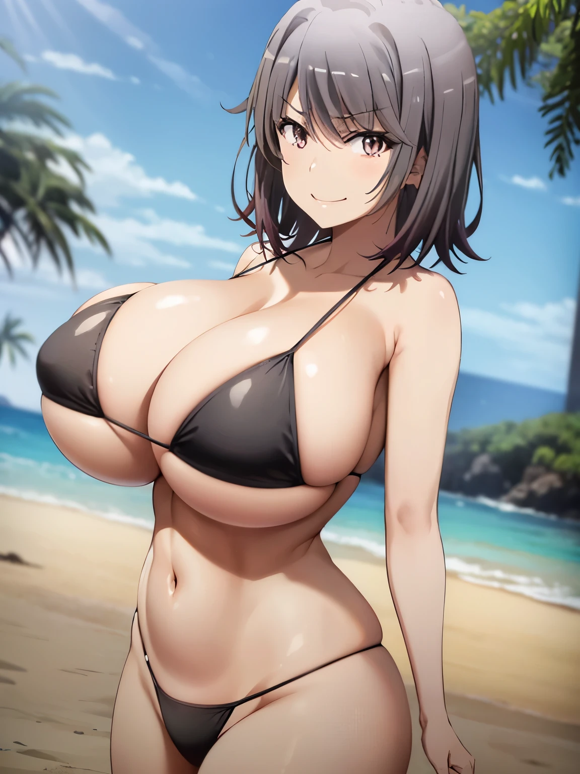 yukinoshita haruno, black hair, short hair, smile, brown eyes, sexy、angry face, very micro bikini, bikini, micro bikini,  in the beach, 
