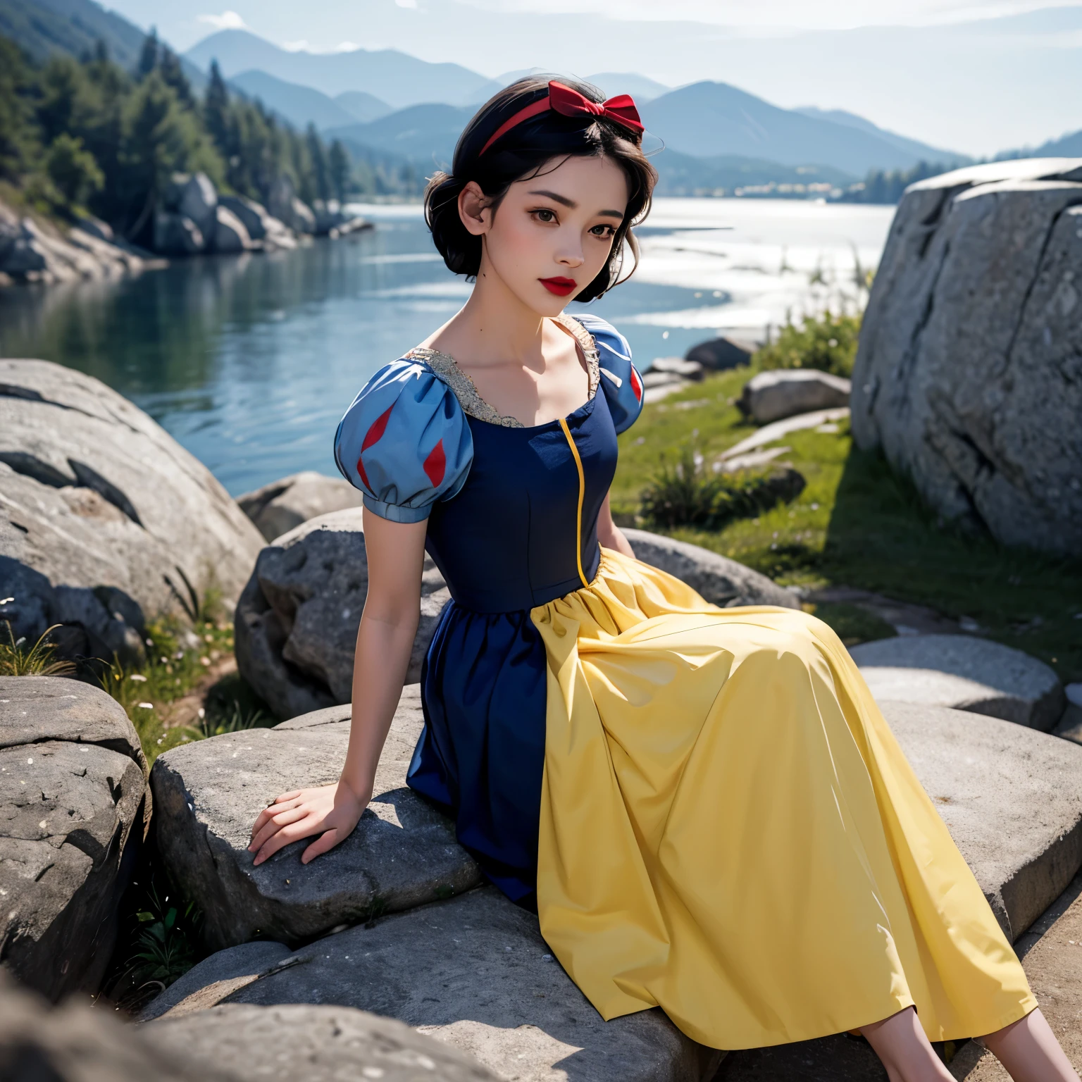 One girl, alone,   snow white, short hair, Black Hair, Smooth Hair, bow, Brown eyes, lipstick, red lipstick, Pale skin, yellow dress skirt, Long skirt, Blue bodice,  Short sleeve, hair bow, hair band, Puffy sleeves, puffy Short sleeve,    Sitting, Sitting on rock,