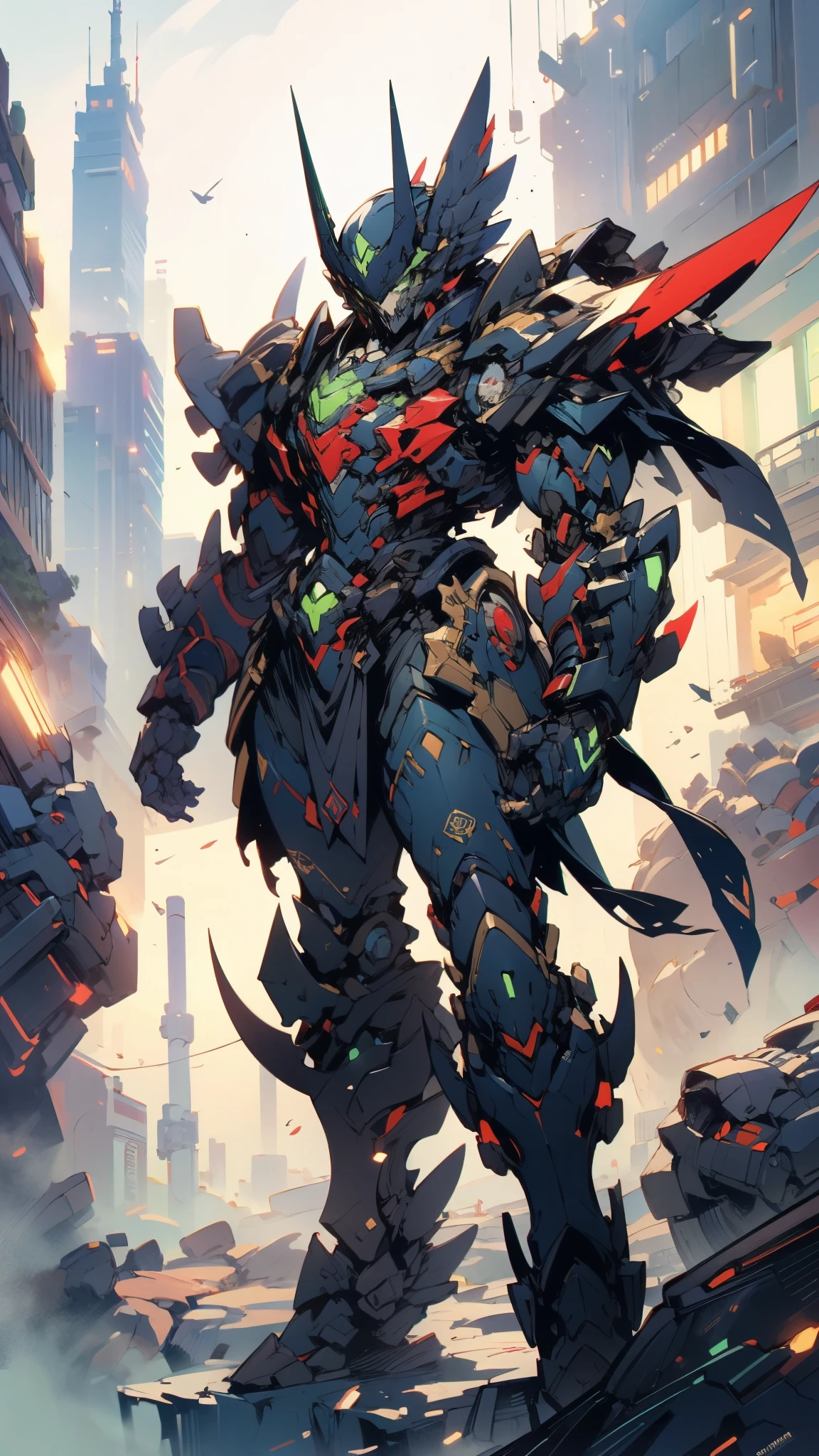 A man wearing a full-face helmet, a fantasy-style biotech armored combat suit, green eyes, (a composite layered chest armor), fully enclosed shoulder guards, matching arm and leg guards, the belt is adorned with Falcon Wing, (the color scheme is primarily white with red and blue accents), the design balances heavy with agility, a high-tech bio-mecha armor, (Armor Concept Inspired by Falcon, stand on the top of a skyscraper in a futuristic sci-fi city), this character embodies a finely crafted fantasy-surreal style armored hero in anime style, exquisite and mature manga art style, (element, plasma, energy, the armor glows), ((male:1.5)), metallic, real texture material, dramatic, high definition, best quality, highres, ultra-detailed, ultra-fine painting, extremely delicate, professional, perfect body proportions, golden ratio, anatomically correct, symmetrical face, extremely detailed eyes and face, high quality eyes, creativity, RAW photo, UHD, 32k, Natural light, cinematic lighting, masterpiece-anatomy-perfect, masterpiece:1.5