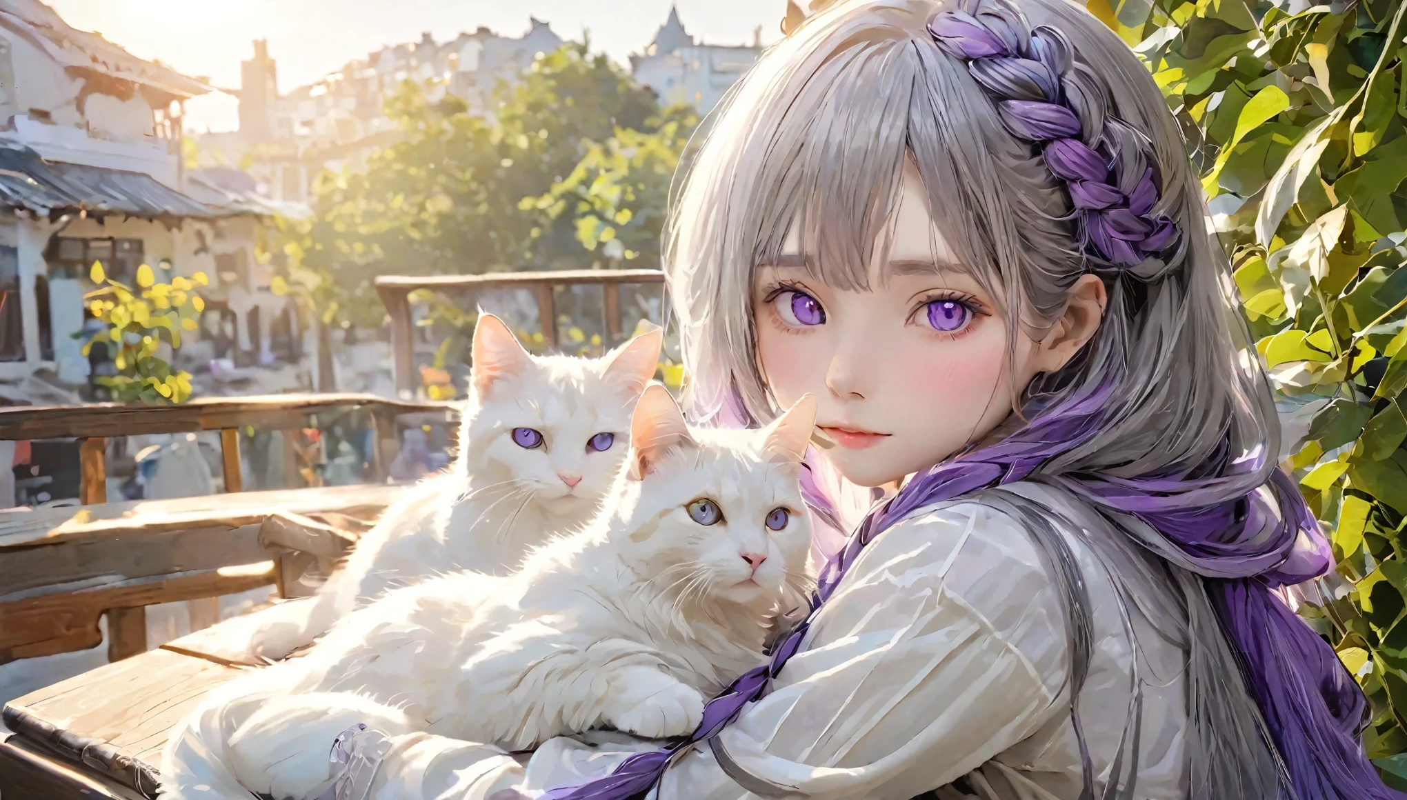 Tabletop, highest quality, Perfect Anatomy、Very delicate and beautiful girl,Very delicate and beautiful, (((Silky white hair、Gradation、Purple hair at the tips、French Braid)))、break、(((灰色のpupil:1.2、Grey Eyes、Grey eyeball)))、Very detailed_face_pupil, Very detailed,There is a calico cat、Odd-eyed🐱、Commemorative photo with cats、 highest quality, High resolution, Very detailed,1 girl, highest quality, shape, Looking at the audience, Authenticistic, Realist ,A peaceful veranda、Summer evening、The afternoon sun is dazzling、Basking in the sun、Warm atmosphere、Sleeping cat