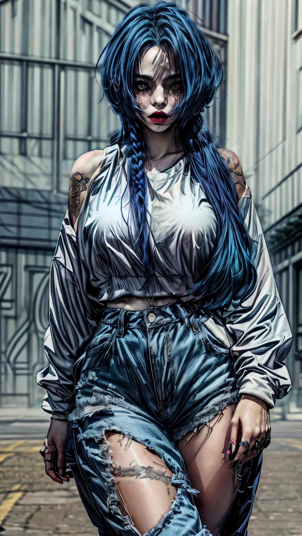 arafed woman with blue hair and piercings walking down a street, Noah, Wind Breaker, in style of digital illustration, great digital art with details, realistic artstyle, urban girl fanart, comic digital art, artgasm, [ 4 k digital art ]!!, 4k detailed digital art, photorealistic artstyle, 4k highly detailed digital art, hd artwork