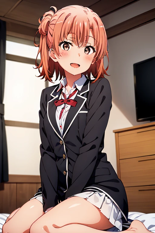 ((highest quality)), ((masterpiece)), (be familiar with), Perfect Face, indoor, Bedroom, Watching the audience,
One woman, Yuigahama Yui,
Open Mouth, Ecstatic expression, blush, smile,
Small breasts, Flat Chest, Young Girl, , , Girl,
Short Hair, Salmon-colored hair, Salmon-colored eyes, Side Pony,
Leg spread,