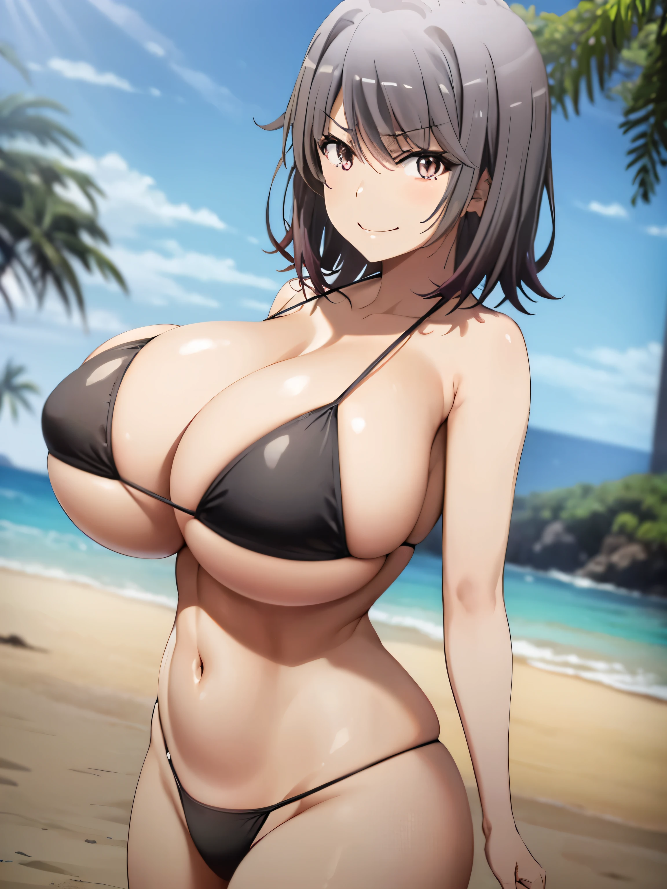 yukinoshita haruno, black hair, short hair, smile, brown eyes, sexy、angry face, very micro bikini, bikini, micro bikini,  in the beach, 
