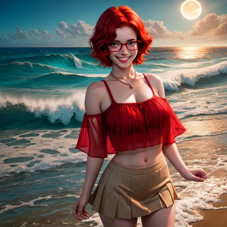 young woman, short red hair, glasses, freckles, smiling, lifting skirt, sheer under chest top, ocean beach, huge waves, moonlight