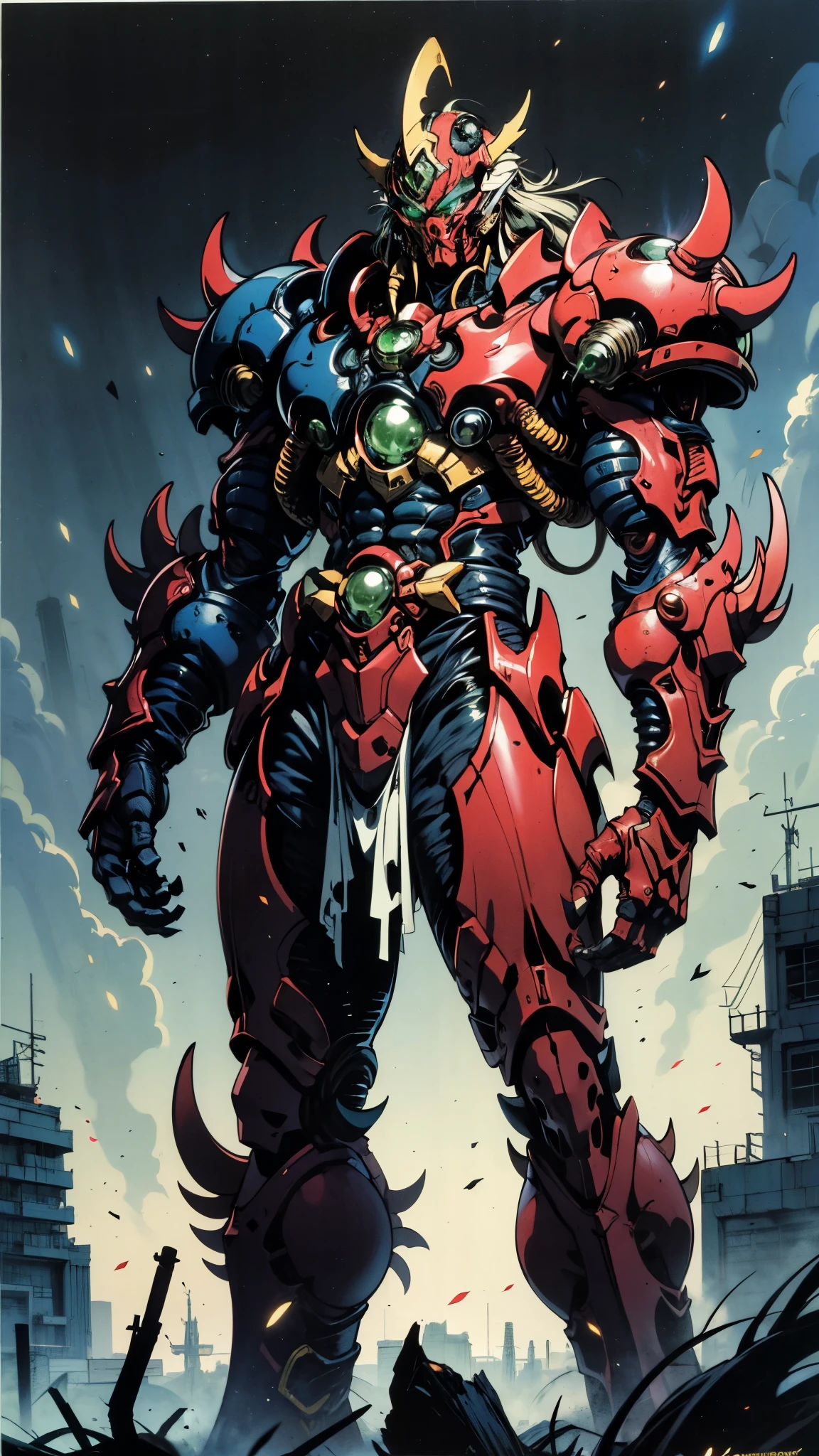 A man wearing a full-face helmet, a fantasy-style biotech armored combat suit, green eyes, (a composite layered chest armor), fully enclosed shoulder guards, matching arm and leg guards, the belt is adorned with Falcon Wing, (the color scheme is primarily white with red and blue accents), the design balances heavy with agility, a high-tech bio-mecha armor, (Armor Concept Inspired by Falcon, stand on the top of a skyscraper in a futuristic sci-fi city), this character embodies a finely crafted fantasy-surreal style armored hero in anime style, exquisite and mature manga art style, (element, plasma, energy, the armor glows), ((male:1.5)), metallic, real texture material, dramatic, high definition, best quality, highres, ultra-detailed, ultra-fine painting, extremely delicate, professional, perfect body proportions, golden ratio, anatomically correct, symmetrical face, extremely detailed eyes and face, high quality eyes, creativity, RAW photo, UHD, 32k, Natural light, cinematic lighting, masterpiece-anatomy-perfect, masterpiece:1.5