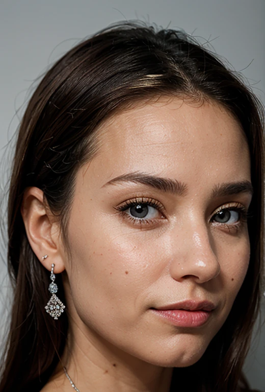 (obra maestra, Mejor calidad), Detalles intrincados, realista, photorealista, a close up of a woman wearing aretes, inspirado por Emma Andijewska, envuelto en cristales, color plata, long aretes, sandra chevier, huge aretes, 2019, De ojos azules, joyas de platino, arete, estructura impecable, silver arete,  