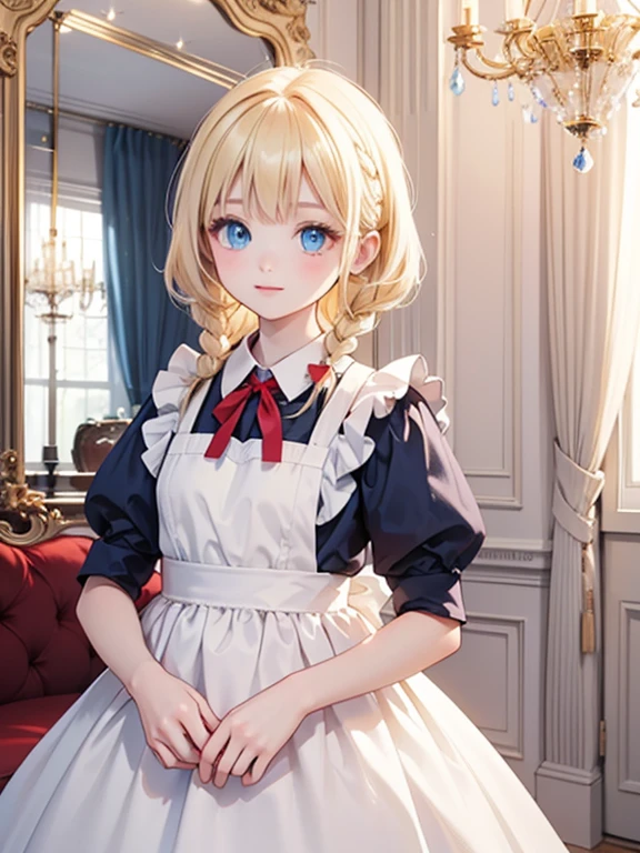 masterpiece, highest quality, Very detailed, 16k, Ultra-high resolution, Alice Through the Looking Glass, Fantasy, One 12-year-old girl, Detailed face, blue eyes, Blonde, Braid, Red ribbon on head, Blue Dress, White apron, A room full of mirrors, night, chandelier