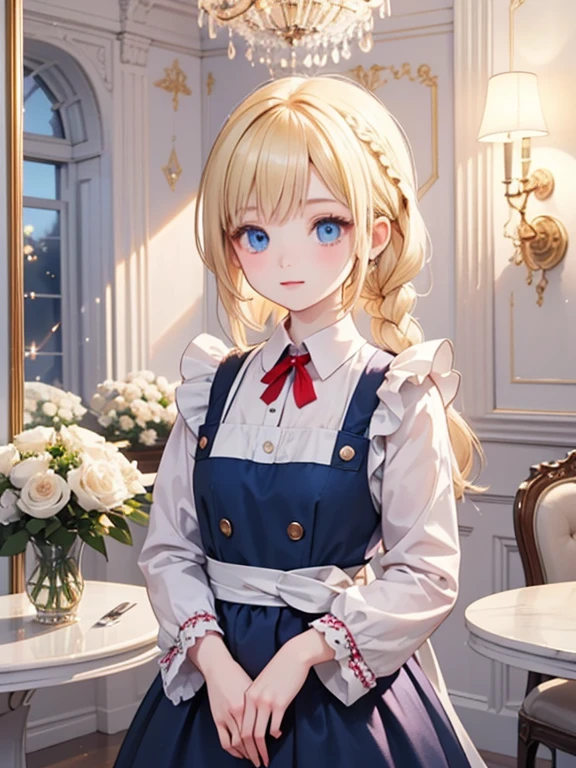 masterpiece, highest quality, Very detailed, 16k, Ultra-high resolution, Alice Through the Looking Glass, Fantasy, One 12-year-old girl, Detailed face, blue eyes, Blonde, Braid, Red ribbon on head, Blue Dress, White apron, A room full of mirrors, night, chandelier