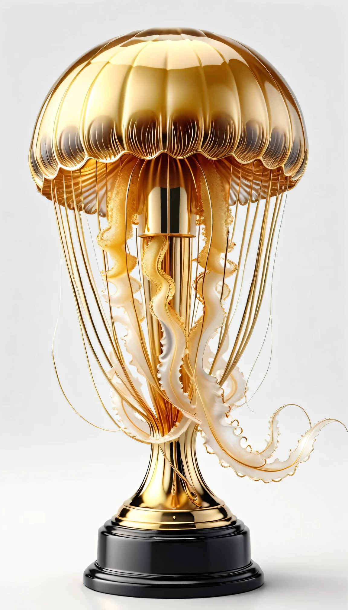 hyper realistic:1.5, close up photo of golden Trophy shaped like ((jellyfish)), a symbol of victory and strength in the world, Set the scene against a clean white background to emphasize its brilliance, Inspired by the works of renowned photographers and artists, perfect lighting