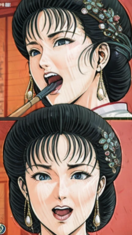 (best quality), (very aesthetic), (ultra-detailed), (best illustration),a mature female,Perfect Face,Suikoden,Mrs. Lin,(full_body),big breast,red cheek,Sweating,skinny, chinese traditional lingerie,chinese traditional style bed,She opens her mouth wide and closes her eyes, moaning with pleasure.