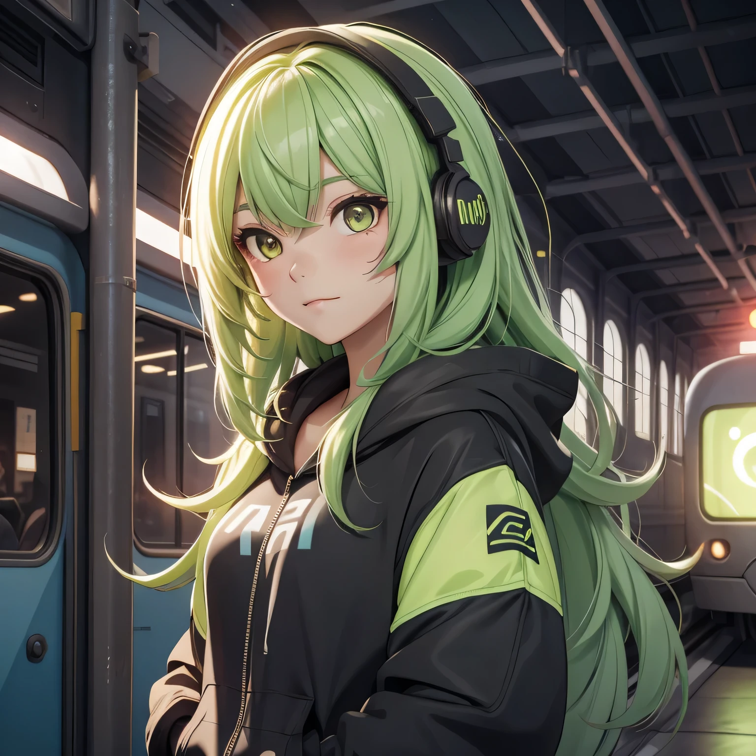 A girl, lime hair, long hair, feminime, soft smile, lime hoodie jacket, glowing yellow eyes, train background, wearing black headphone, full body,