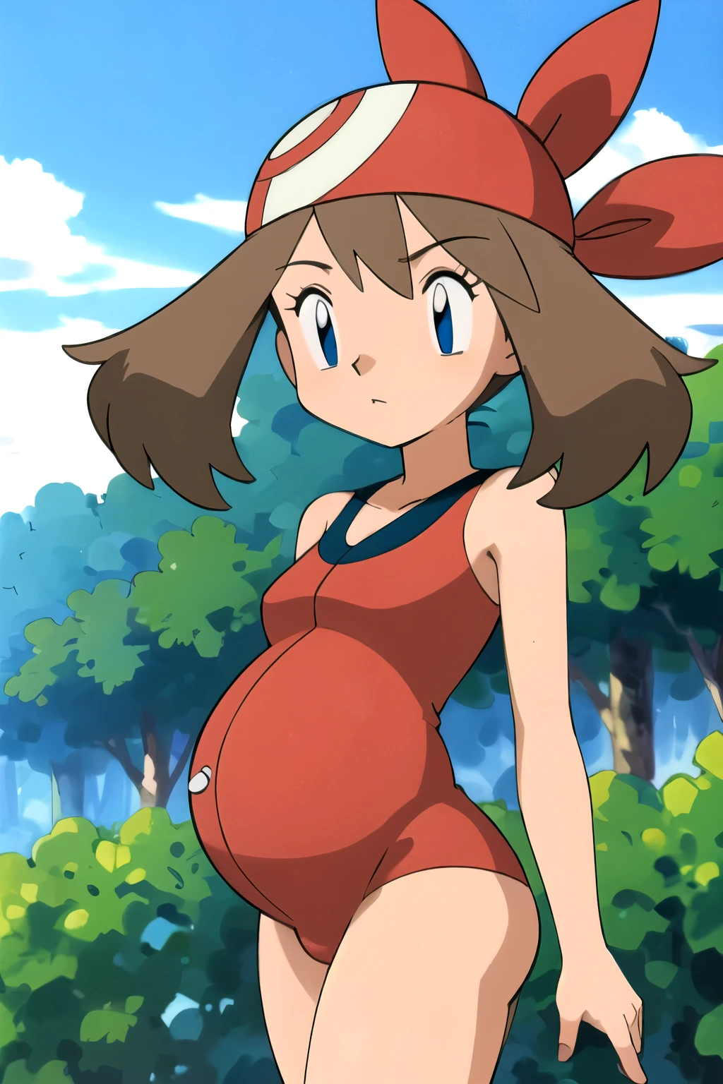 masterpiece, best quality, highres, outdoors, 1girl, solo, may (pokemon), bandana, red shirt, bare shoulders, pregnant, embarazada, vientre de embarazo, barriga de embarazada.