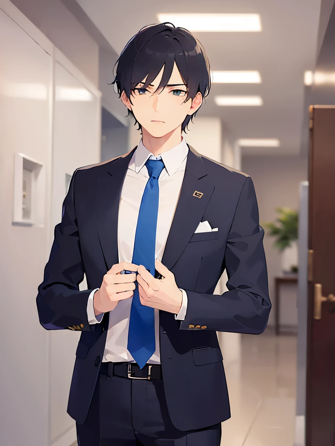 (looking away:1.5), upper body、shiny skin, masterpiece、highest quality、(25-year-old male:1.5) and (Brown short hair) and (Green Eyes), (Wearing a suit) and (Blue tie)、Serious expression、 Background is an office room、(Alone:1.5)、Are standing