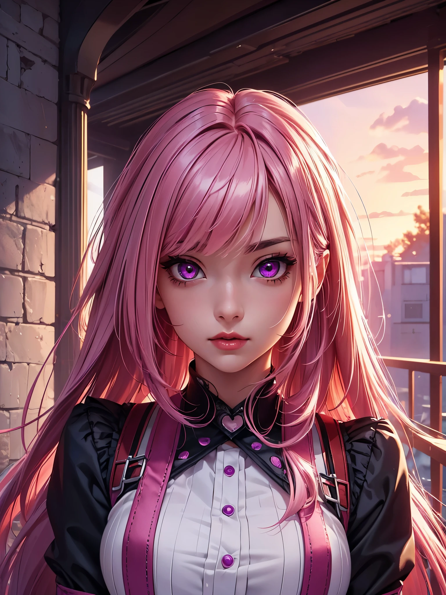 (Best quality at best,8K,A high resolution,tmasterpiece:1.2),Digital artwork, one girl，detailed face，detailed eyes，pink hair，long straight hair，glowing purple  eyes，red lip，Suspenders