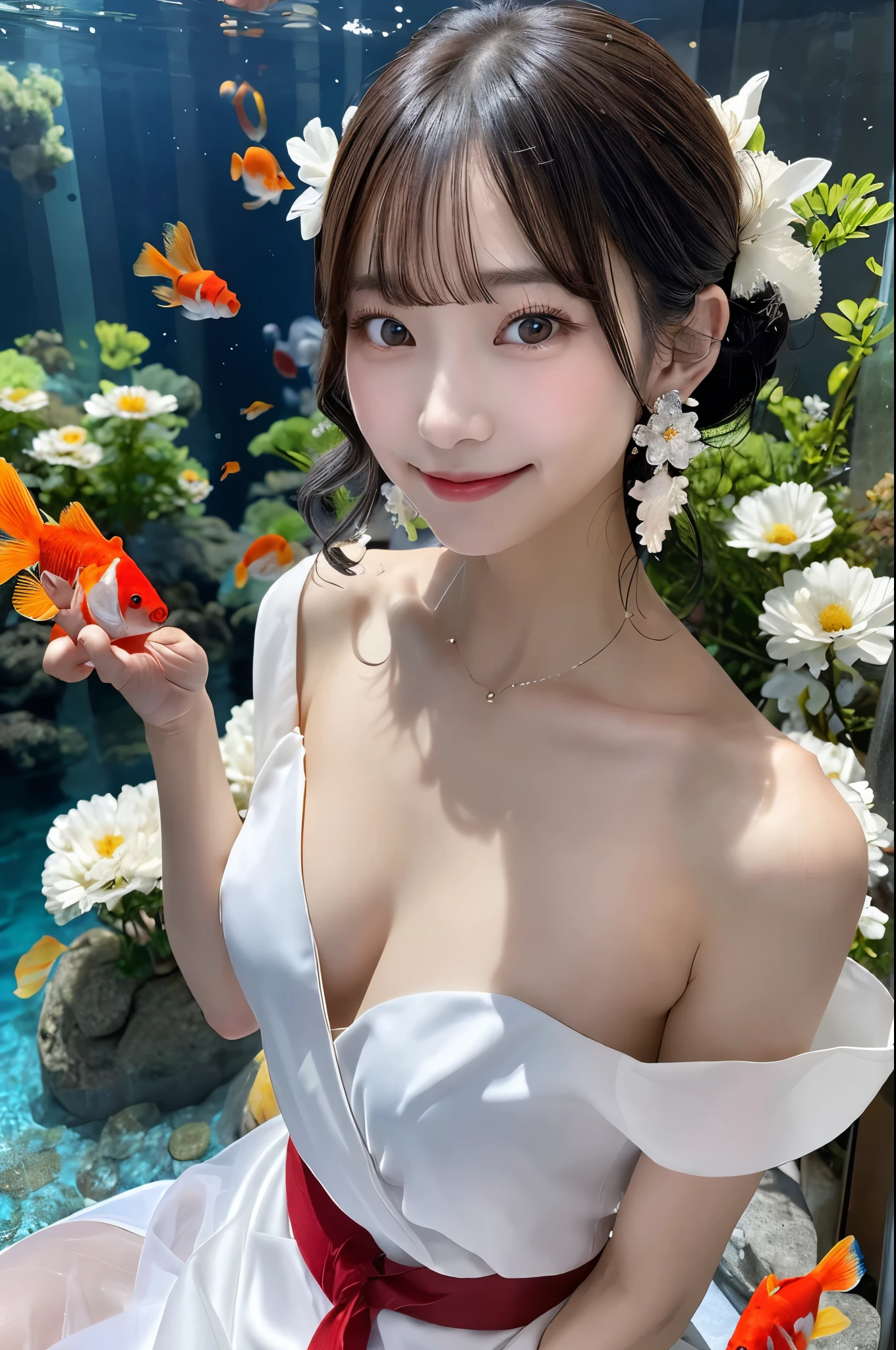 1 girl ,Earrings,Goldfish ,Precious stones ,sash,In the water ,Goldfish,White flower ,Akame,Behold ,get up, Gray Hair,clavicle,length、Typically、Kamimei、Looking at the audience、White Dress、Red Heavenly Woman's Robe、Cleavage、Smiling face close-up、Beautiful Eyes