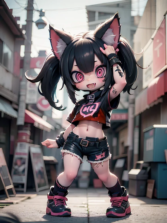 2d,solo,1female\(cute,kawaii,evil smile,floating hair,messy hair,(black hair:1.2),long hair,twin tails hair,pale skin,skin color blue,red eyes,eyes shining,big eyes,(ripped clothes:1.5),tight tube top,(breast:1.4),tight hot pants,(stomach shown:1.4),(punk fashion:1.4),fluffy black cat-ear,(dynamic pose:1.4),cute pose,devils smile,open mouth,better hands,Perfect Hands,full body\), BREAK ,background\(outside,noisy city,backstreet,narrow street,(dark:2.0),neon lights\),[chibi],[nsfw:2.0],quality\(8k,wallpaper of extremely detailed CG unit, ​masterpiece,hight resolution,top-quality,top-quality real texture skin,hyper realisitic,increase the resolution,RAW photos,best qualtiy,highly detailed,the wallpaper/),(close up:1.0),from below