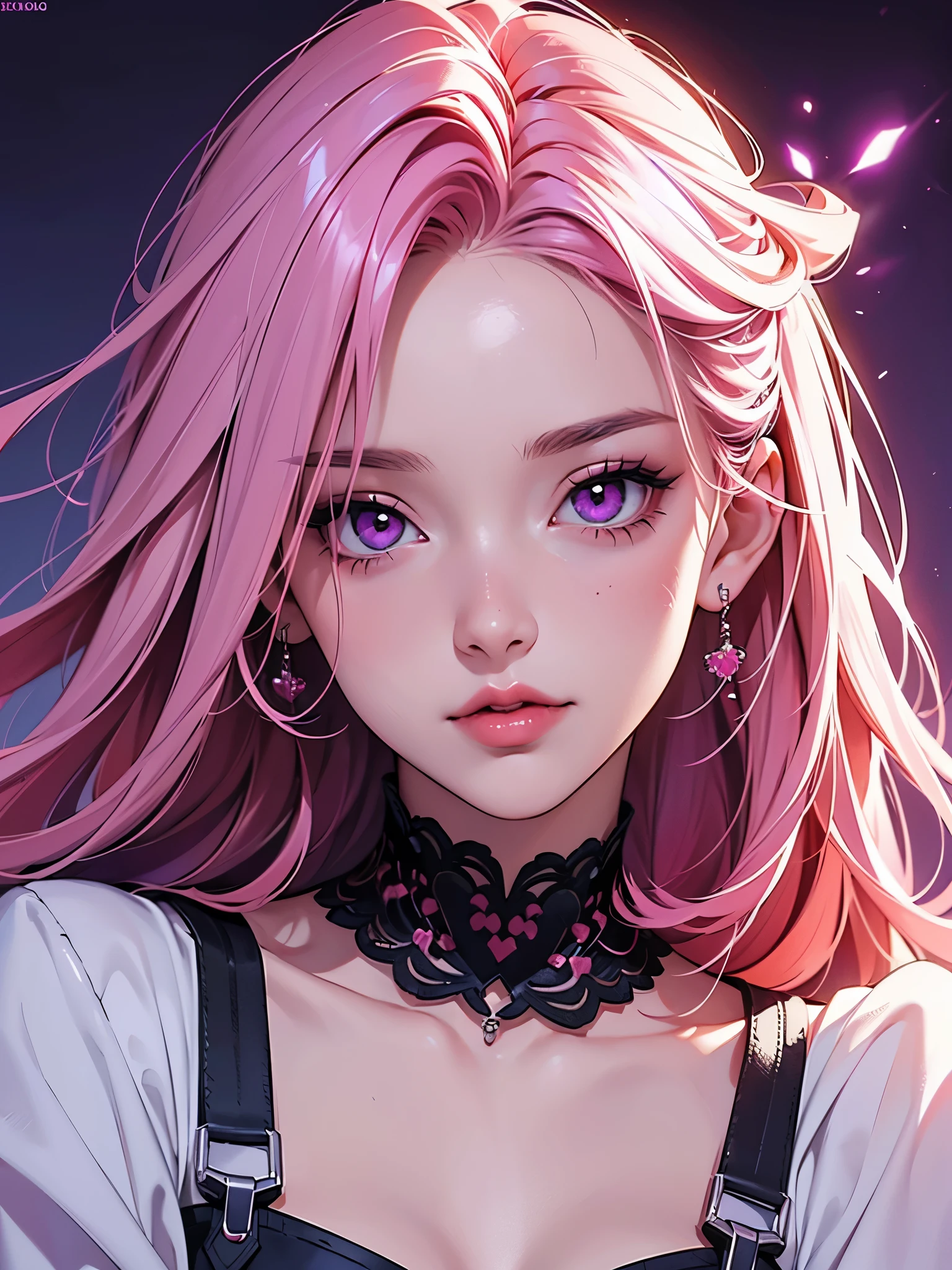 (Best quality at best,8K,A high resolution,tmasterpiece:1.2),Digital artwork, one girl,detailed face,detailed eyes,pink hair,long straight hair,glowing purple eyes,red lip,Suspenders