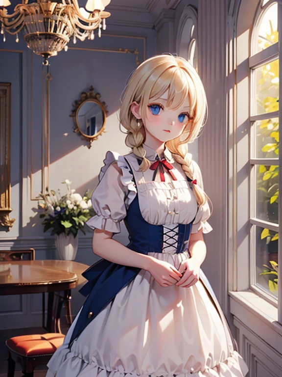 masterpiece, highest quality, Very detailed, 16k, Ultra-high resolution, Alice Through the Looking Glass, Fantasy, One 12-year-old girl, Detailed face, blue eyes, Blonde, Braid, Red ribbon on head, Blue Dress, White apron, A room full of mirrors, night, chandelier