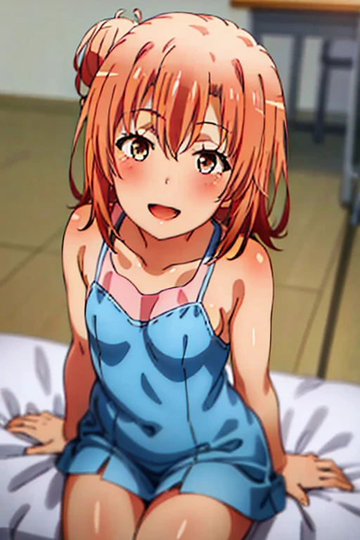 ((highest quality)), ((masterpiece)), (be familiar with), Perfect Face, indoor, Bedroom, Watching the audience,
One woman, Yuigahama Yui,
Open Mouth, Ecstatic expression, blush, smile,
Small breasts, Flat Chest, Young Girl, , , Girl,
Short Hair, Salmon-colored hair, Salmon-colored eyes, Side Pony,
Leg spread,